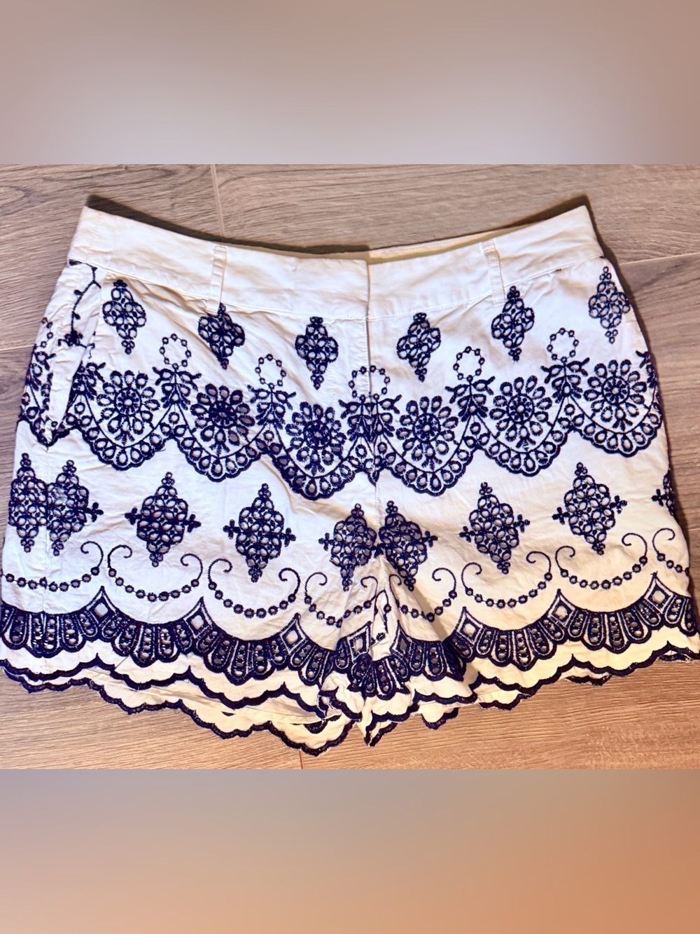 Boden White Shorts with Navy Embroidery